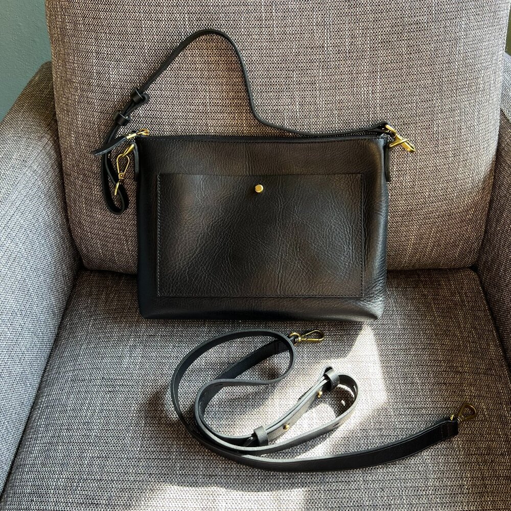 Madewell Black Leather Crossbody with Gold Hardware and Front Pocket
